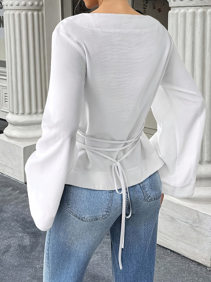 Women'S Solid Back Tie Flared Sleeve Blouse - White