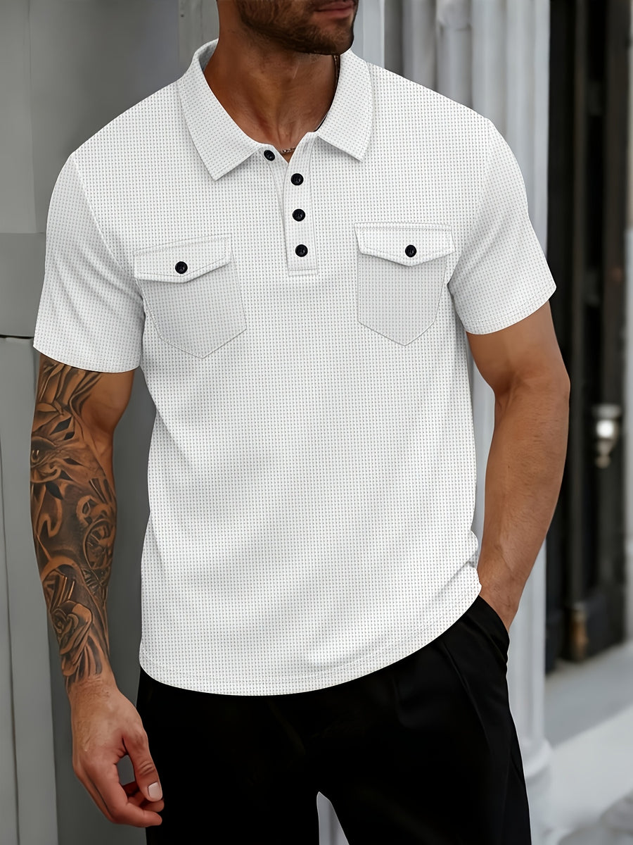 [Shule Water OBM] Men'S Waffle Knit Short Sleeve Polo Shirt, Classic Collar, Double Chest Pockets, Button-Up Lapel, Casual Daily Top - White