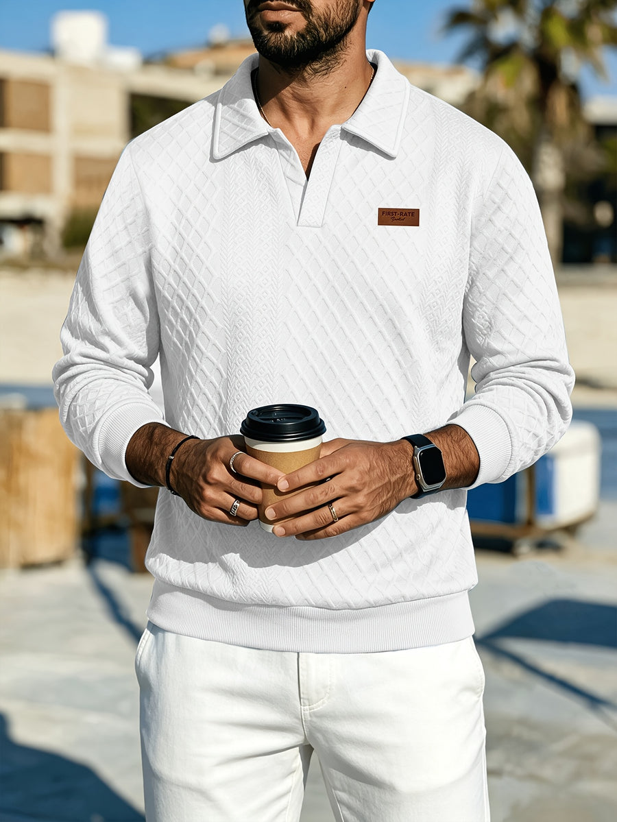 Premium Rhombus Men's Long Sleeve Polo Shirt with Notched Lapel and Small V-Neck Design, a Top for Men's Commuting and Party Wear (Texture Random) - White