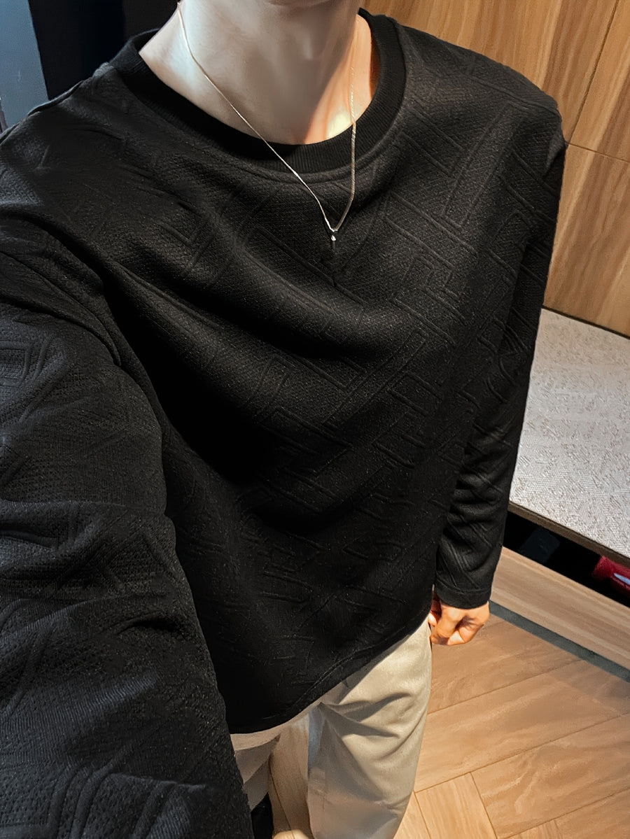 Men'S Casual Sports T-Shirt, 1pc Men'S Fashion Trendy Casual Textured Round Neck Long Sleeve T-Shirt, Loose Fit, Comfortable Stretch Fabric, Suitable for Daily Casual Commuting Wear - Black