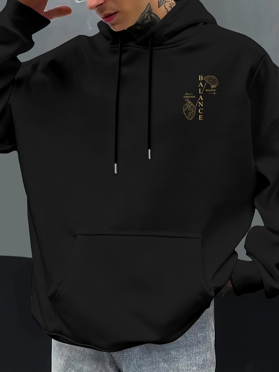 Men'S Autumn Winter Print Hooded Fleece Sweatshirt, Versatile Athletic Casual Loose Hooded Sweater - Black