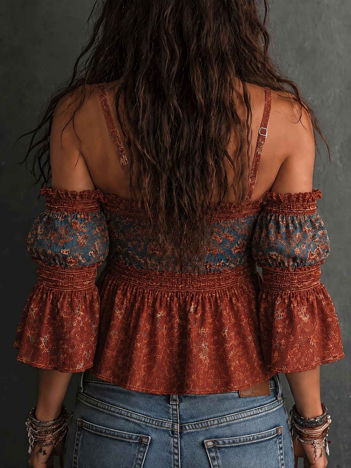 One-Shoulder Top for Women, Retro Printed Off-Shoulder Ruffled Short Blouse, Atmospheric Exotic Style Versatile Top - Red