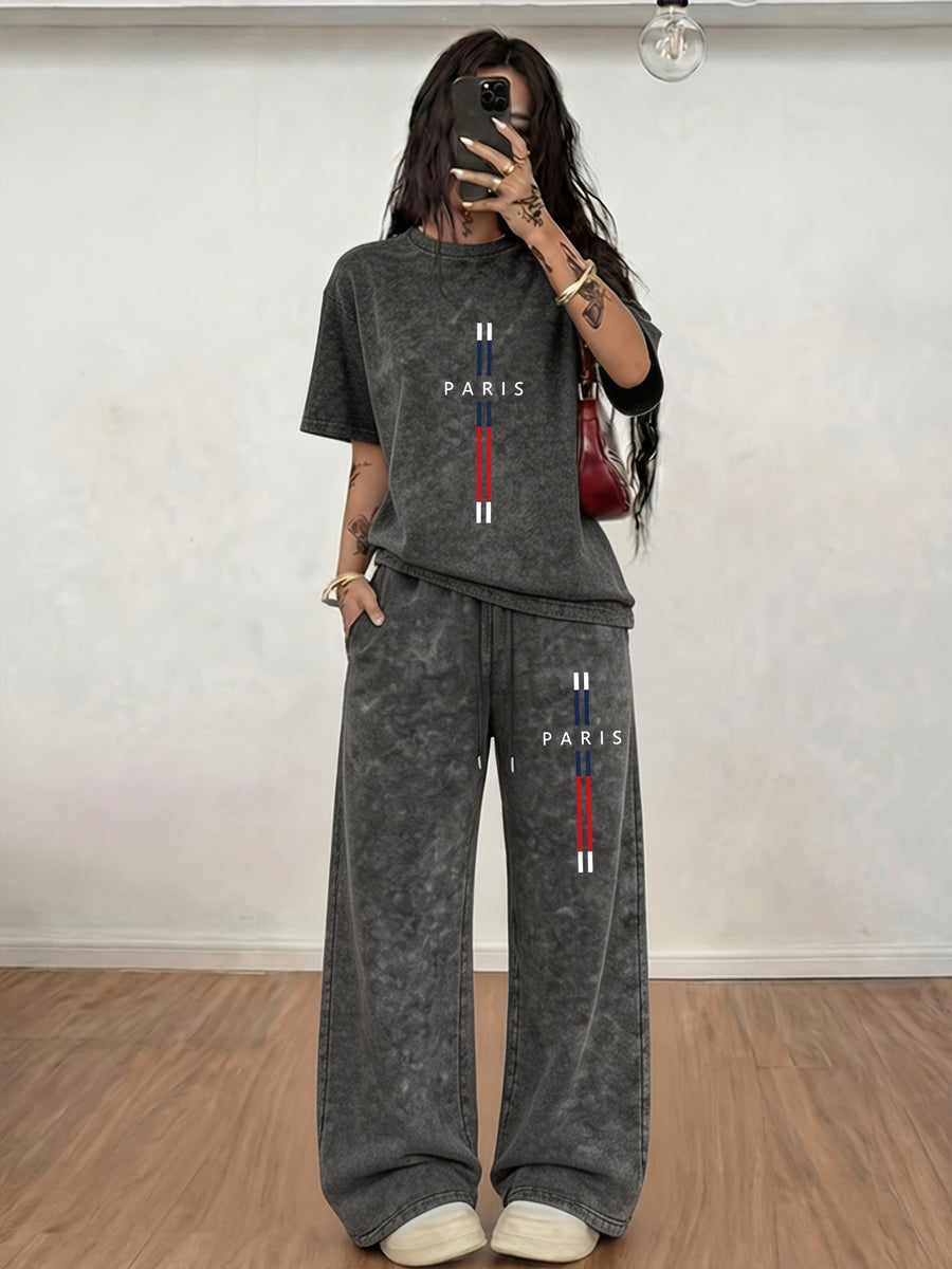 Street Style Paris Letter Stripe Pattern Print, Women's 2pcs Set, Vintage Washed Loose Fit Casual Crew Neck Short Sleeve T-Shirt + Elastic Waist Drawstring Vintage Washed Casual Sport Long Pants, Women's 2pcs Set - Black+black