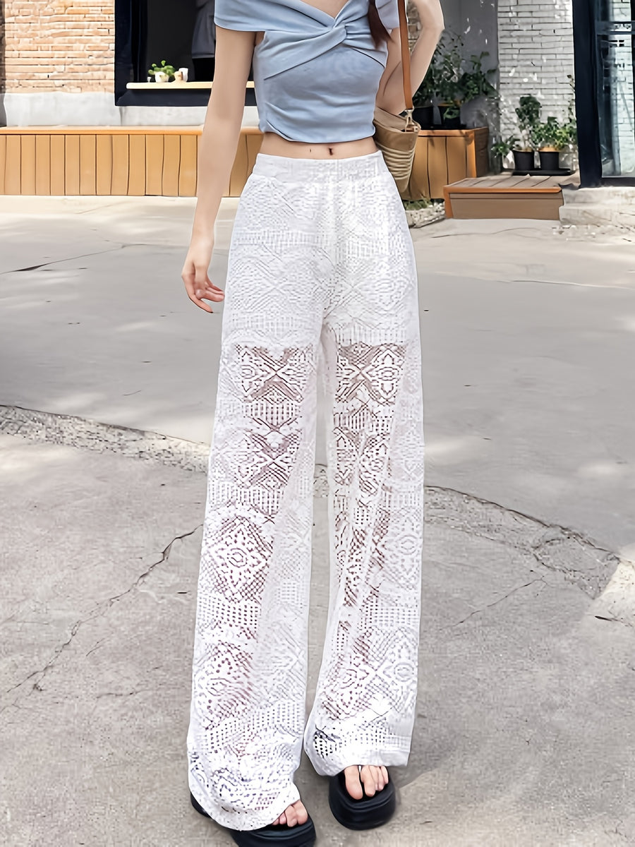 Designer Style: Gentle and Sensual Lace Hollow-Out Wide-Leg Pants for Women, New Spring/Summer Collection, High-Waist Flowy Casual Trousers, Light and Comfortable, Perfect with Spaghetti Straps or Short-Sleeved Tops - White