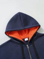 Men's Full Zip Hoodie, Contrast Color Hooded Sweatshirt with Cargo Pockets, Casual, Comfortable, Versatile Fall Winter Jacket - Navy Color