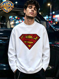 100% Round Neck Casual All-Match Long Sleeve T-Shirt, DC Superman Retro Distressed S Shield Badge Print, Soft And Skin-Friendly Breathable Casual Top, Trendy All-Match Basic Pure Long Sleeve Top - White