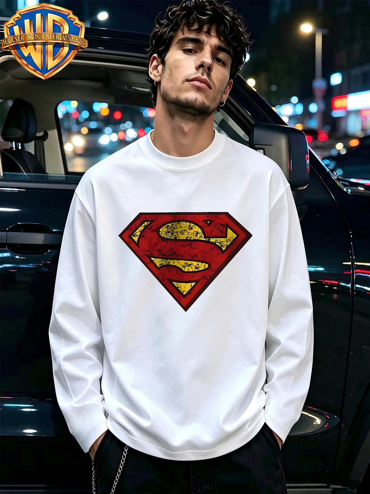 100% Round Neck Casual All-Match Long Sleeve T-Shirt, DC Superman Retro Distressed S Shield Badge Print, Soft And Skin-Friendly Breathable Casual Top, Trendy All-Match Basic Pure Long Sleeve Top - White
