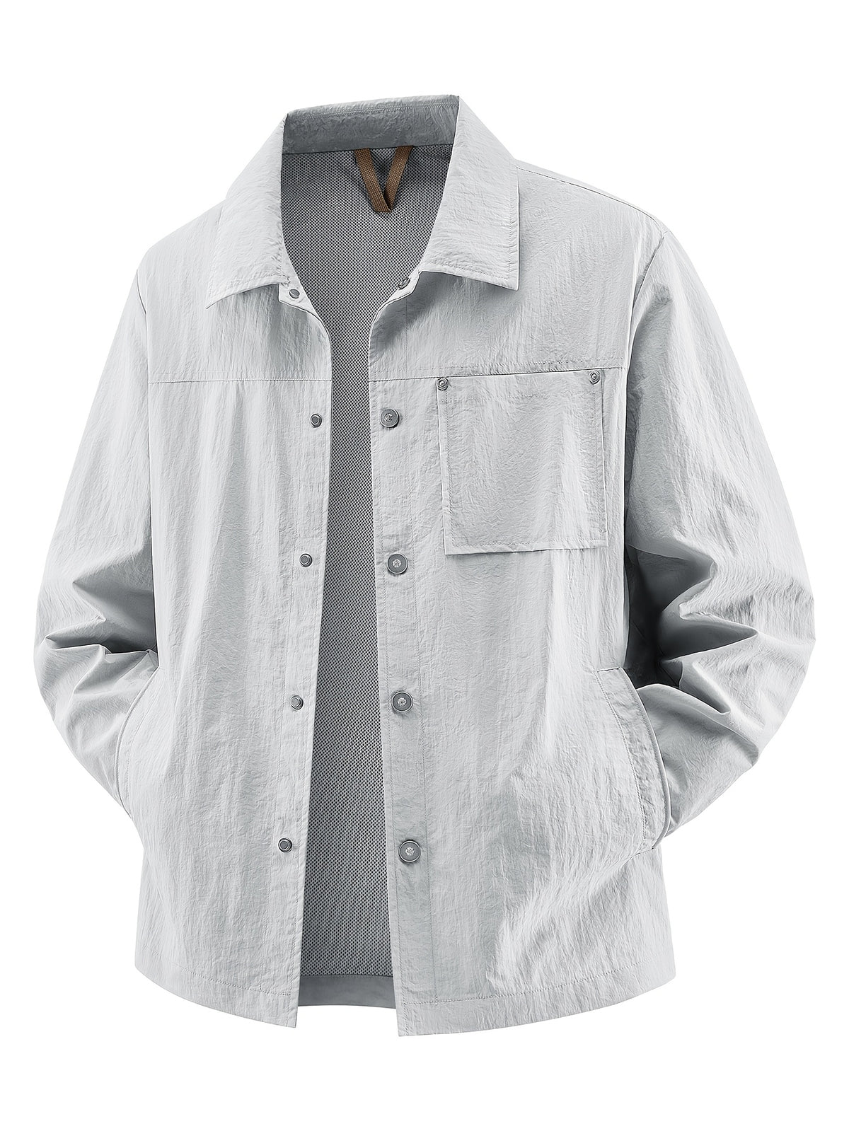 Back to School Season 1pc Men'S Lightweight Shirt Jacket, Button-Front with Chest Pocket And Double Side Pockets, Casual Techwear Style Spring Autumn Loose Fit Daily Commute Travel Outdoor Outerwear - Light Grey