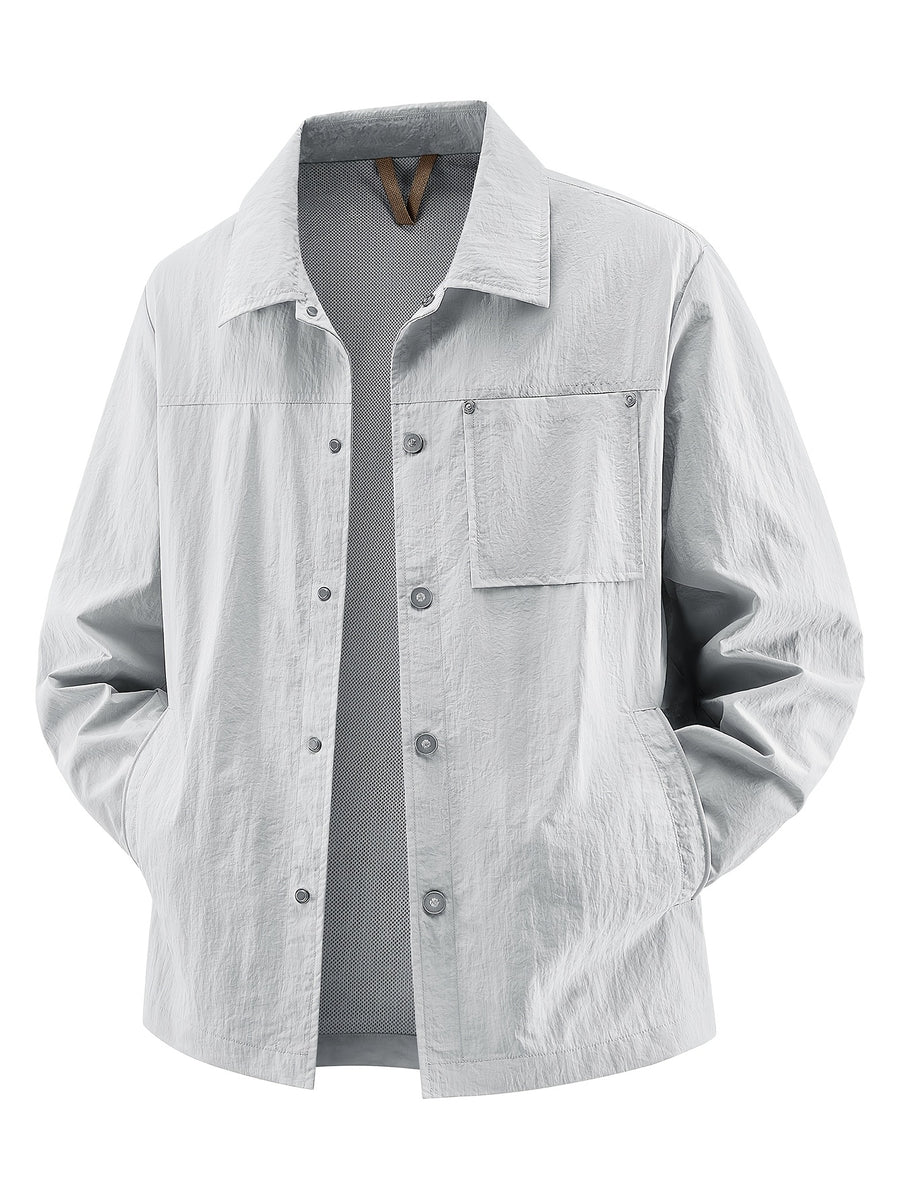 Back to School Season 1pc Men'S Lightweight Shirt Jacket, Button-Front with Chest Pocket And Double Side Pockets, Casual Techwear Style Spring Autumn Loose Fit Daily Commute Travel Outdoor Outerwear - Light Grey