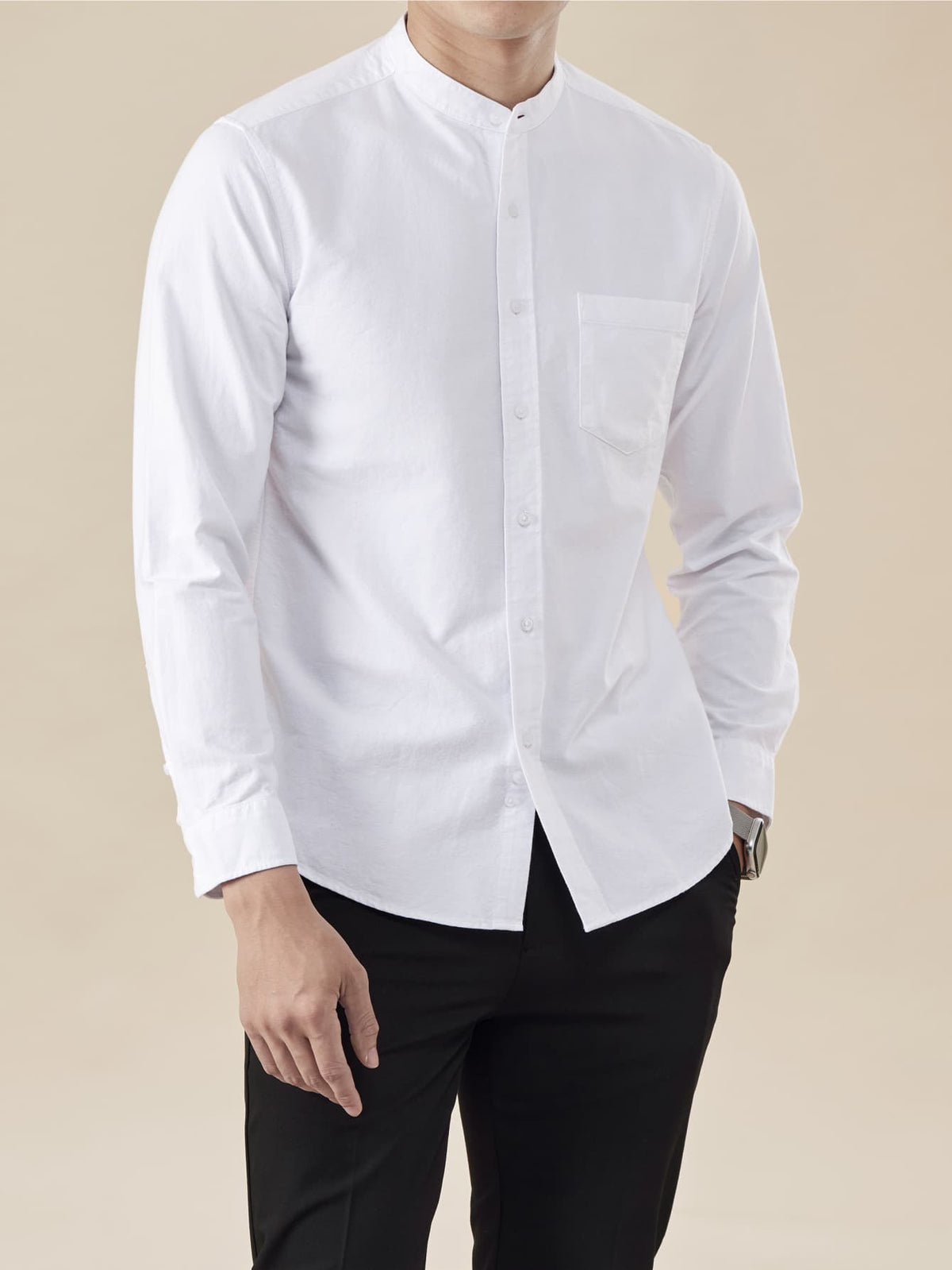 Spring and Autumn Outdoor Sports Men's Fashion Long-Sleeve Shirt for Office Workers, Young and Middle-Aged Urban Style, Versatile for Inner or Outer Wear, Vibrant Style, Casual Turn- Collar Shirt, Solid Color Pure Cotton Long-Sleeve Shirt for Men - White