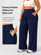 Plus Size Women'S High-Waist Wide-Leg for yoga Pants 0XL-4XL Tummy Control Non-Roll Non-Digging Front Pleated Deep Side Pockets Double-Sided Super Soft 4-Way Stretch Casual Sports Trousers for Yoga Gym Outdoor Work All Seasons - Navy Color