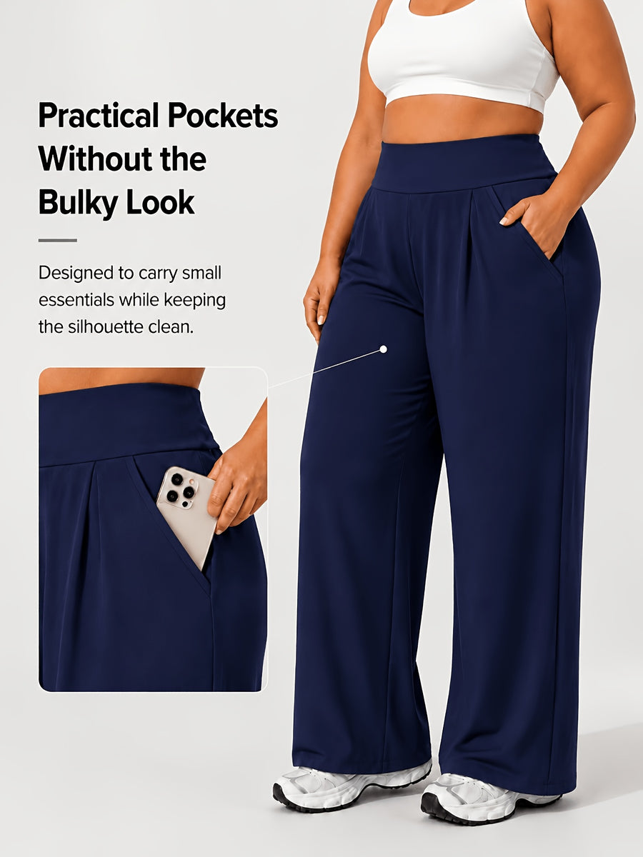 Plus Size Women'S High-Waist Wide-Leg for yoga Pants 0XL-4XL Tummy Control Non-Roll Non-Digging Front Pleated Deep Side Pockets Double-Sided Super Soft 4-Way Stretch Casual Sports Trousers for Yoga Gym Outdoor Work All Seasons - Navy Color