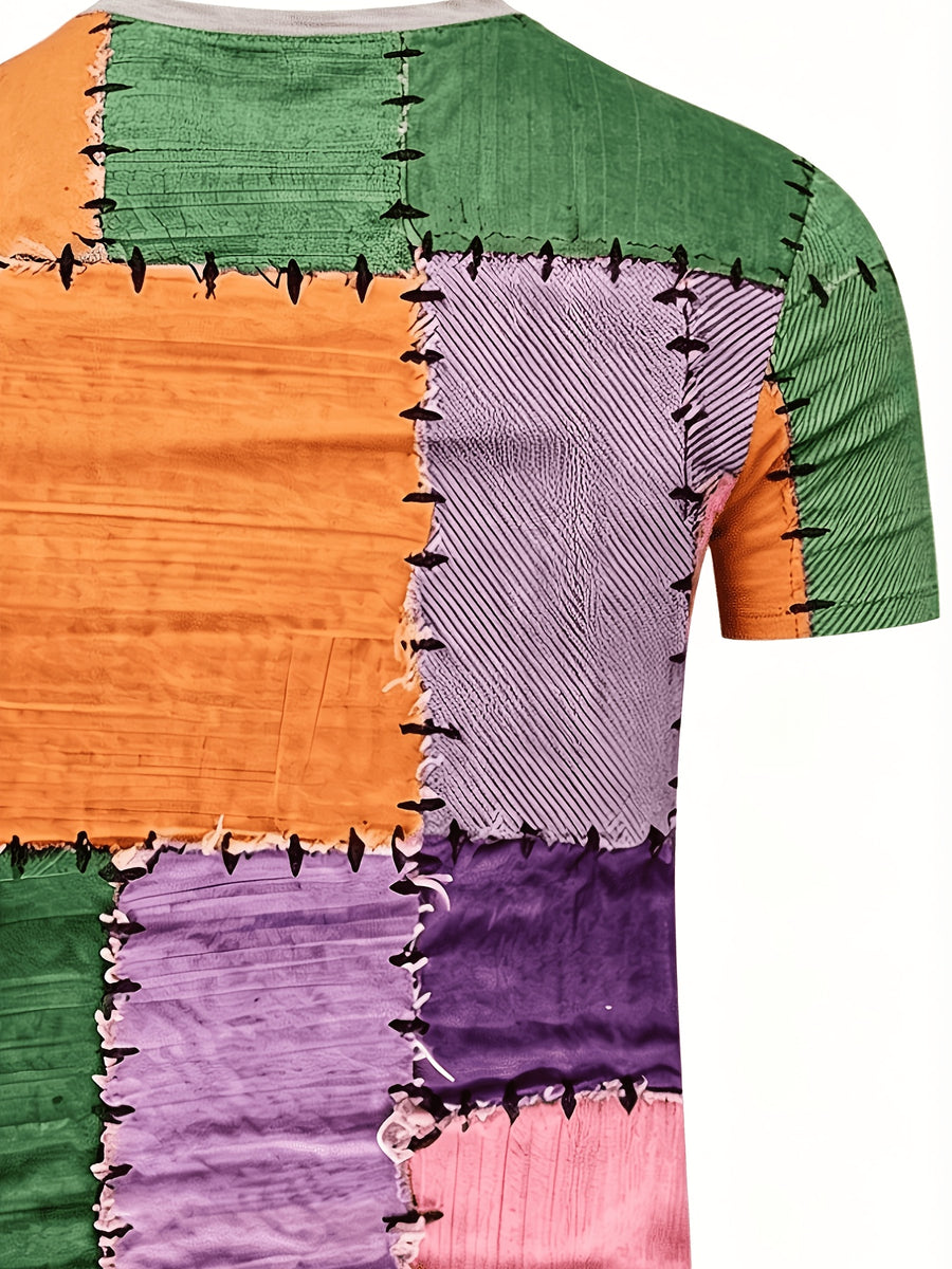 Digital Print - Men's Novelty Color Block Short Sleeve Crew Neck T-Shirt, Summer Outdoor [Print Design - Not Textured] [Print Design - Not Textured] - Mixed Color B
