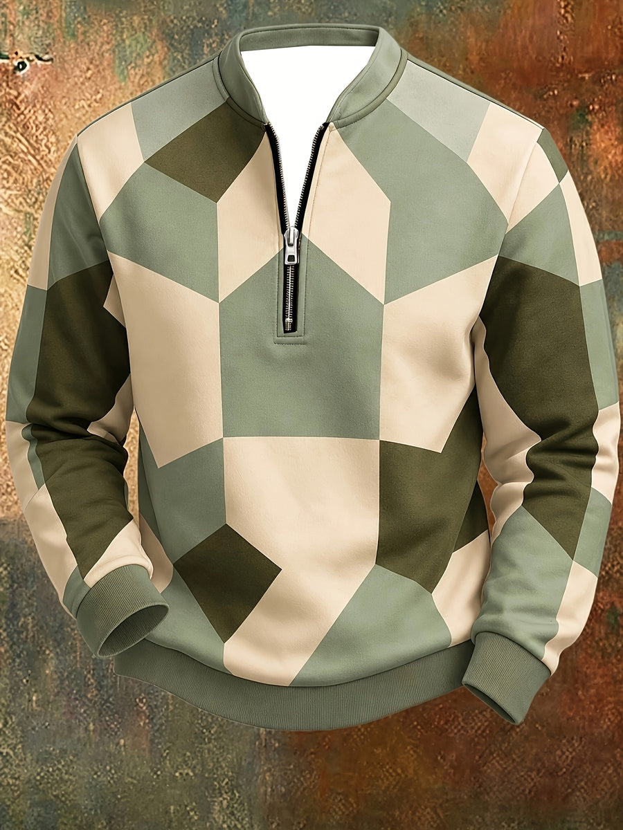 [Print Design - Not Textured] Men'S Retro Geometric Color-Block Digital Print Half-Zip Stand Collar Sweatshirt, Spring/Autumn Loose Casual Top, Daily Commute Outdoor Wear - Multicolor 6