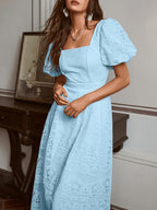 New Elegant Lace Dress for Women with a Square Neckline, Puff Sleeves, Waist-Cinching Design, Flattering Silhouette, Gentle Style, Long Skirt, Fashionable Bridesmaid Outfit - Powder blue