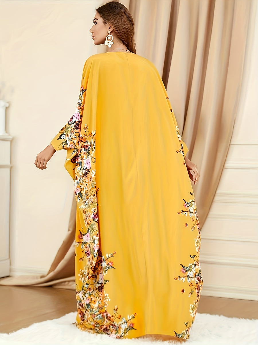 Elegant Batwing Sleeve Maxi Dress for Women - Lemon Yellow