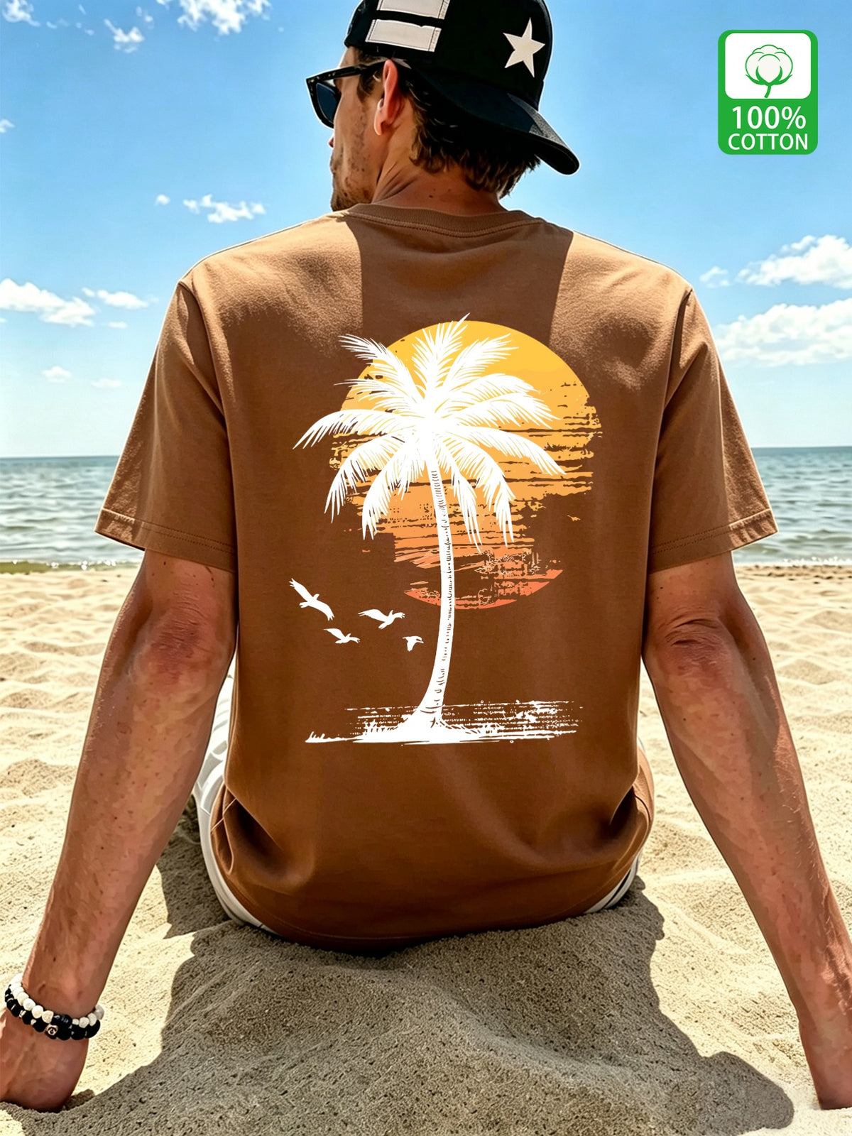 Men's New Style Pure Cotton Short Sleeve Crew Neck T-Shirt with Palm Tree Sunset Print, Suitable for Vacation, Daily Casual Wear, Comfortable, Soft, Breathable, Summer Essential - Coffee Color