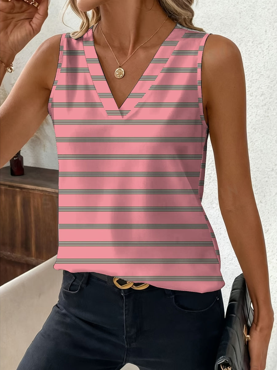 Women'S V-Neck Pink and Gray Striped Print Sleeveless Top - Mixed colors
