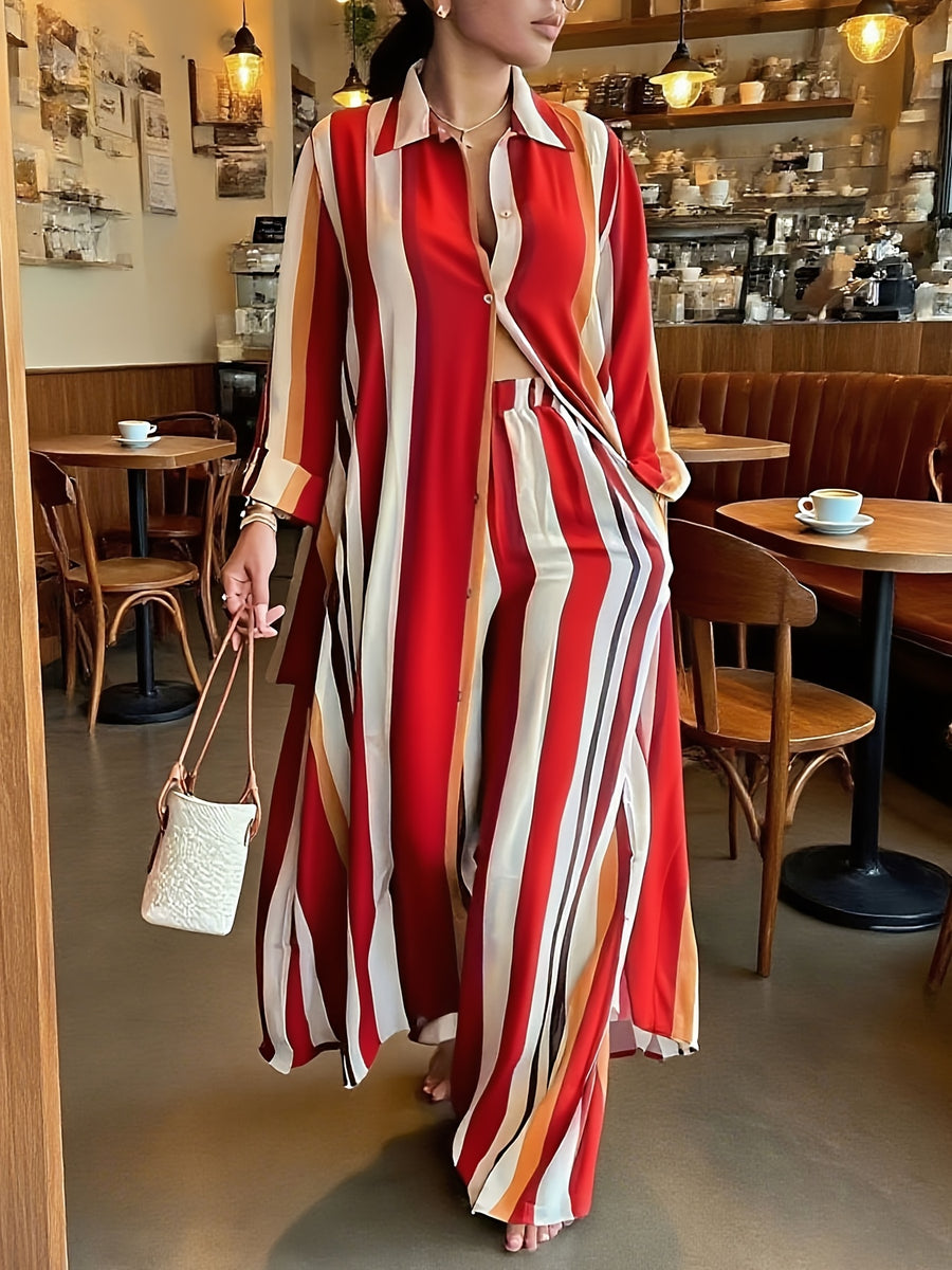 Plus Size Stripe Print Two-piece Set, Collared Button Front Long Sleeve Shirt & Wide Leg Pants Outfits, Women's Plus Size Clothing - Red