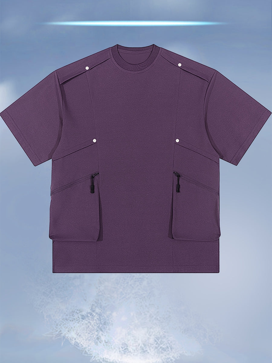 [Qiaoximei OBM] 2026 Summer New Men'S High-Quality Multi-Pocket Versatile Round Neck Short T-Shirt - Fashionable Street Beach Party Energetic Sports Men'S Trendy Loose Special Short Sleeve T-Shirt - Purple