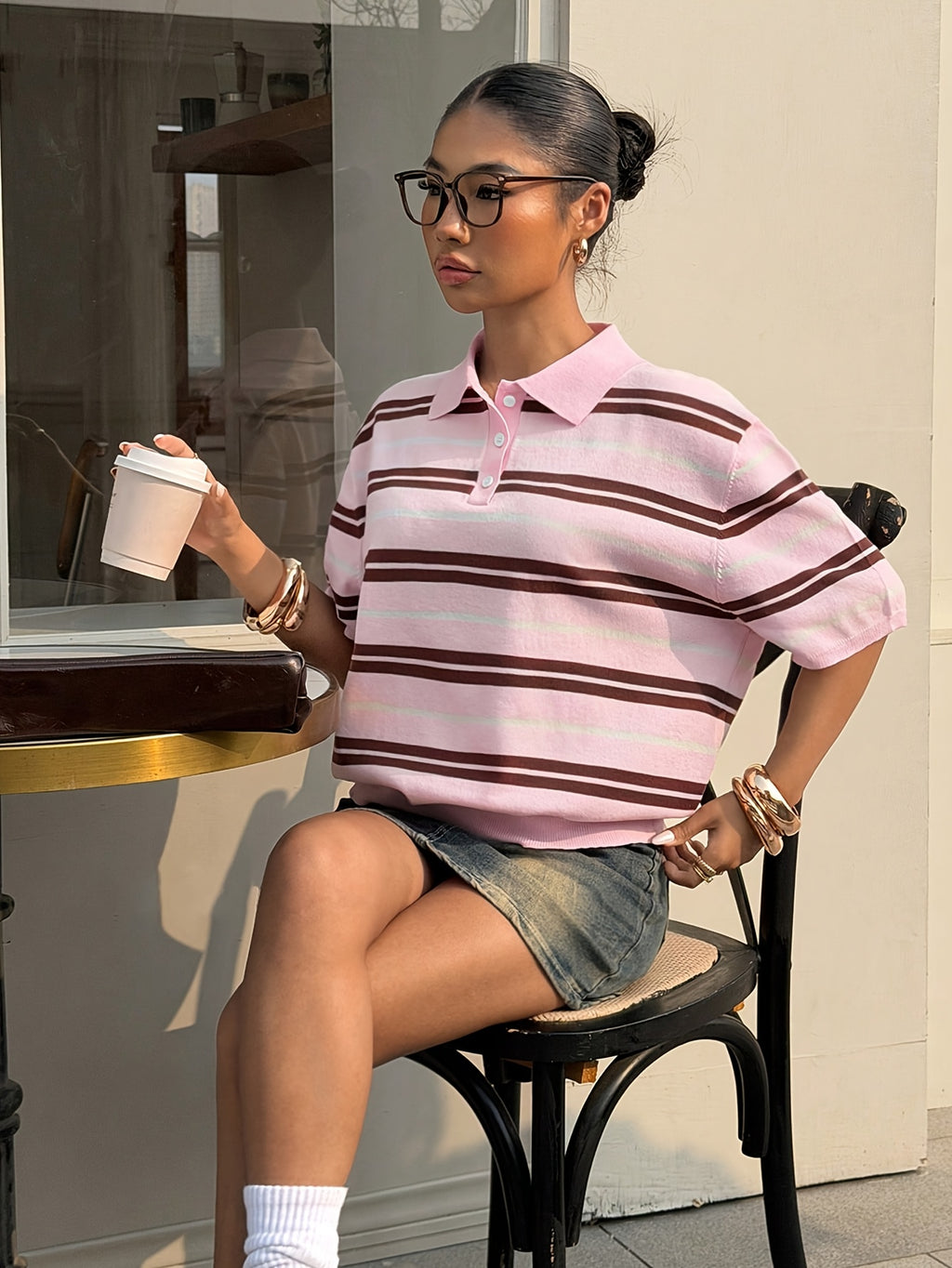 Ladies Fashion Pink Collar Sweater Top - Pink