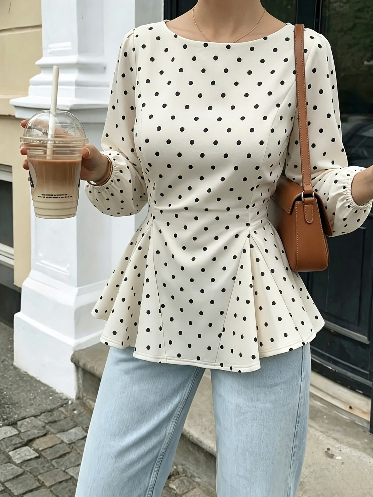 Women'S Cream White Black Polka Dot Ruffled Blouse, Boat Neck Puff Long Sleeve Slim Waist Flared Hem Casual Office Top - White