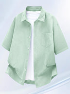 Summer Thin Fashion New Easy Fun Cartoon Back Print Lapel Short Sleeve Striped Loose Casual Shirt - Light Green