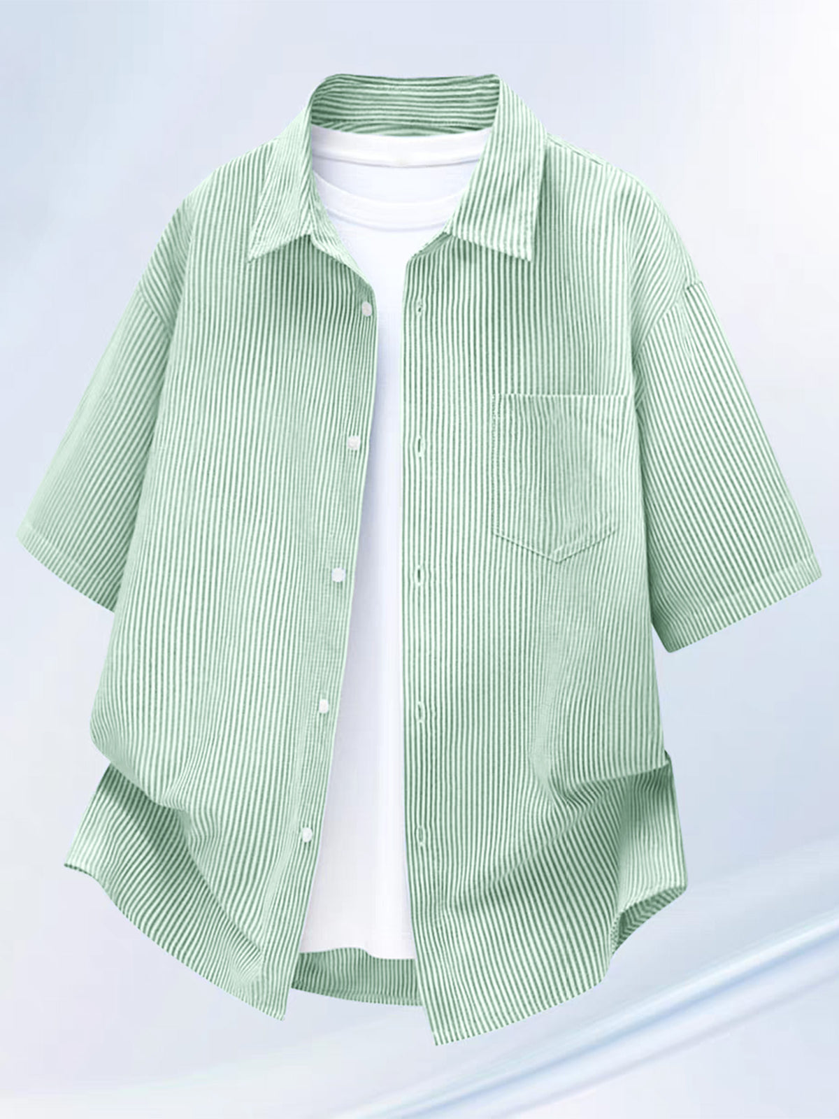 Summer Thin Fashion New Easy Fun Cartoon Back Print Lapel Short Sleeve Striped Loose Casual Shirt - Light Green