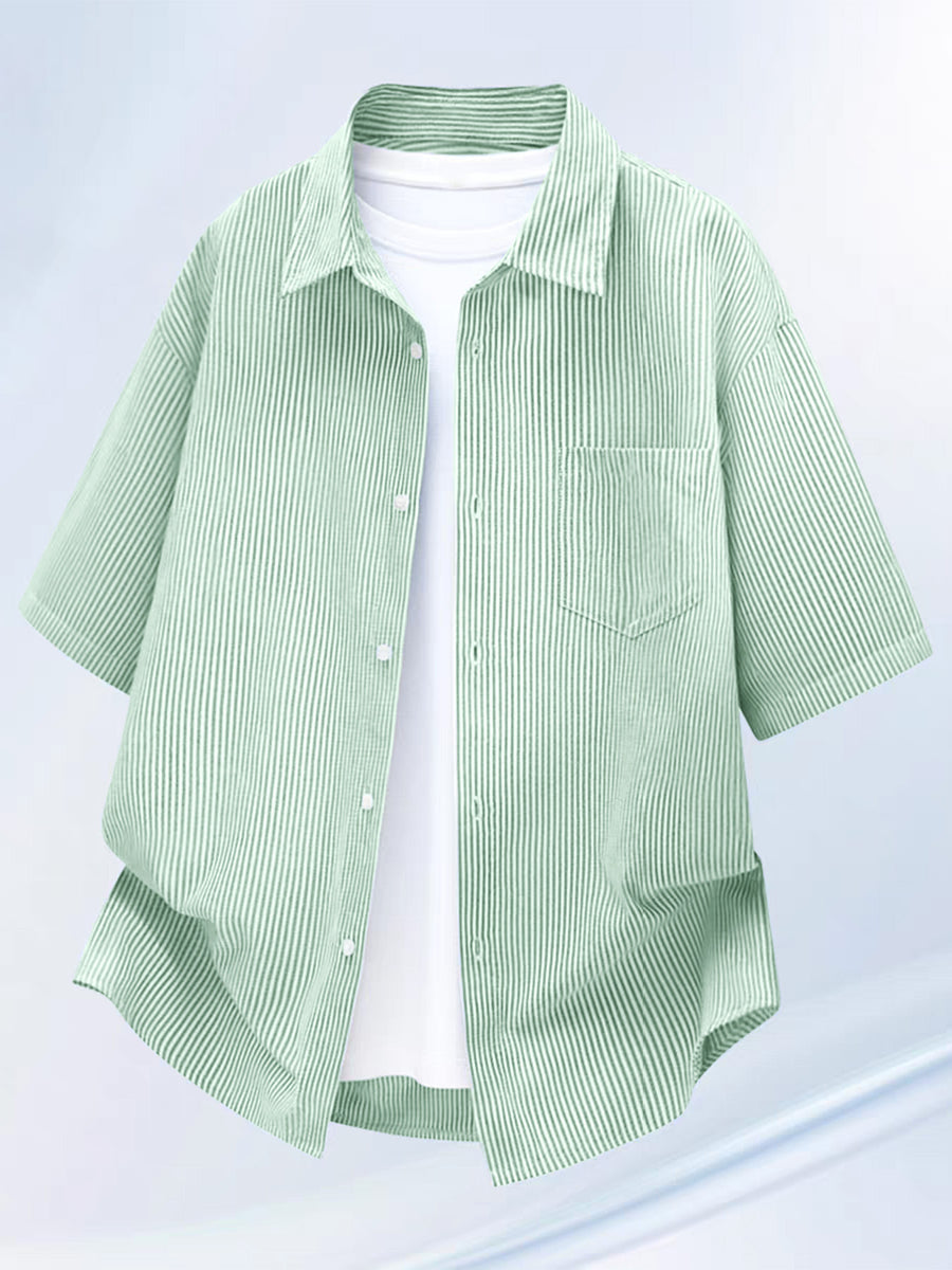 Summer Thin Fashion New Easy Fun Cartoon Back Print Lapel Short Sleeve Striped Loose Casual Shirt - Light Green