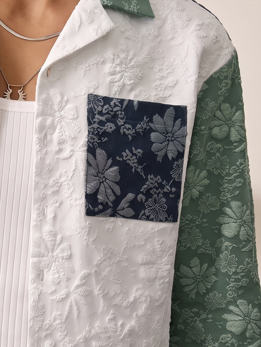Men'S Shirt Contrast Color Patchwork Jacquard Fabric Trendy Fashion Casual Street New Short Length Spring Autumn Men'S Casual Shirt - Sea Blue