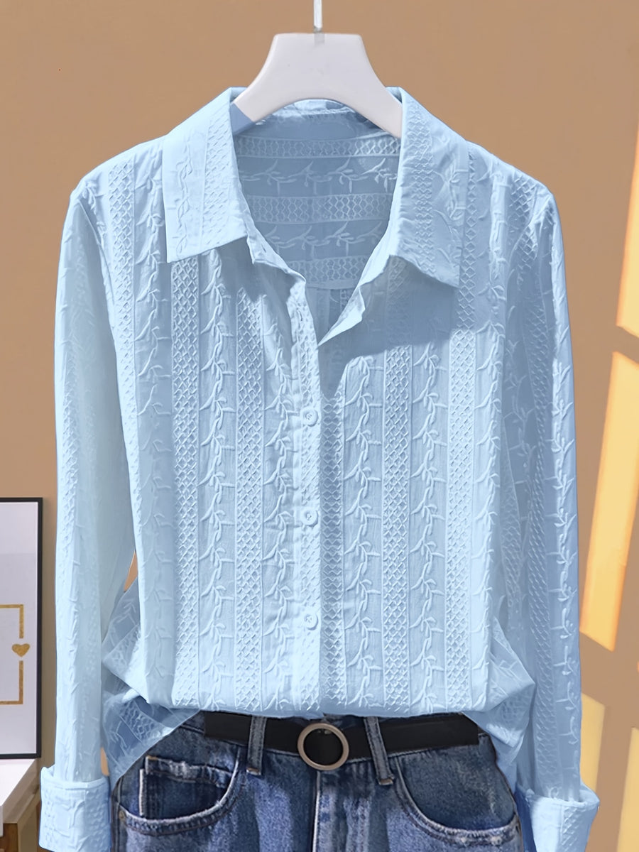Fashionable and Versatile Polo Collar Shirt for Women, New Spring/Autumn Casual Simple Embroidered Base Layer Top - Light Blue