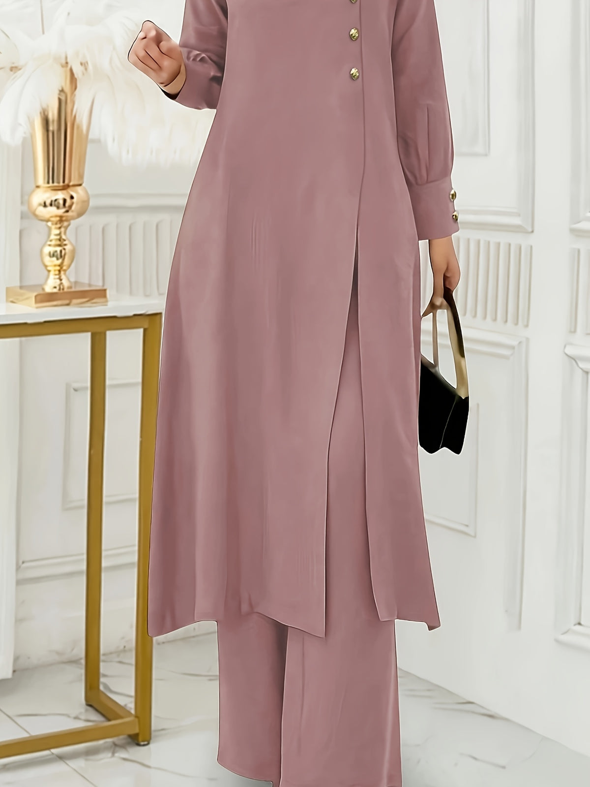 Ramadan, Women's Front-Button Long Sleeve Slit Dress & Pants Casual Arabic Style 2pcs Set, Only Clothes, Without Headscarf - pink