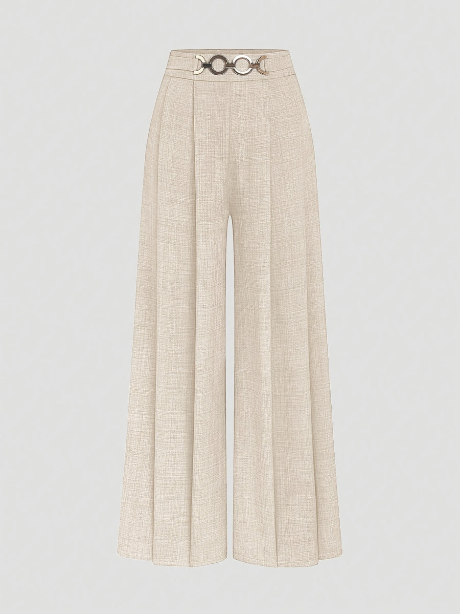 New Women'S High-Waist Metallic Button-Design Wide-Leg Pants, Elegant Casual Daily Wear - Apricot