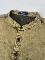 Men's Vintage Distressed Denim Shirt with Henry Collar, Long Sleeve Casual Workwear Top with Pockets, Heavyweight Hand-Washed Vintage - Matcha Color