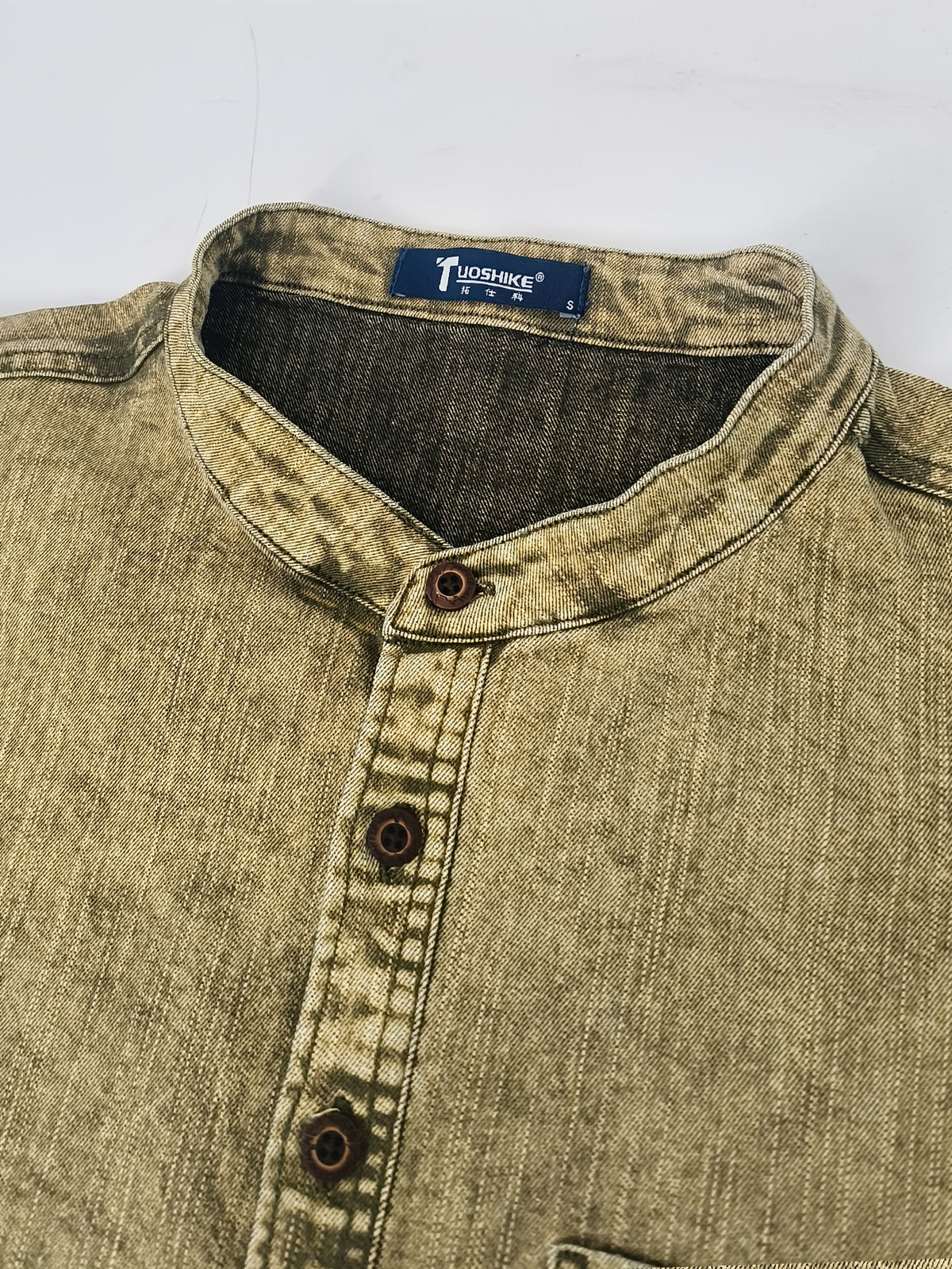 Men's Vintage Distressed Denim Shirt with Henry Collar, Long Sleeve Casual Workwear Top with Pockets, Heavyweight Hand-Washed Vintage - Matcha Color