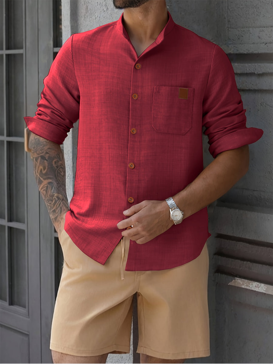 Men's Simple Solid Color Shirt with Stand Collar and Long Sleeves - Red
