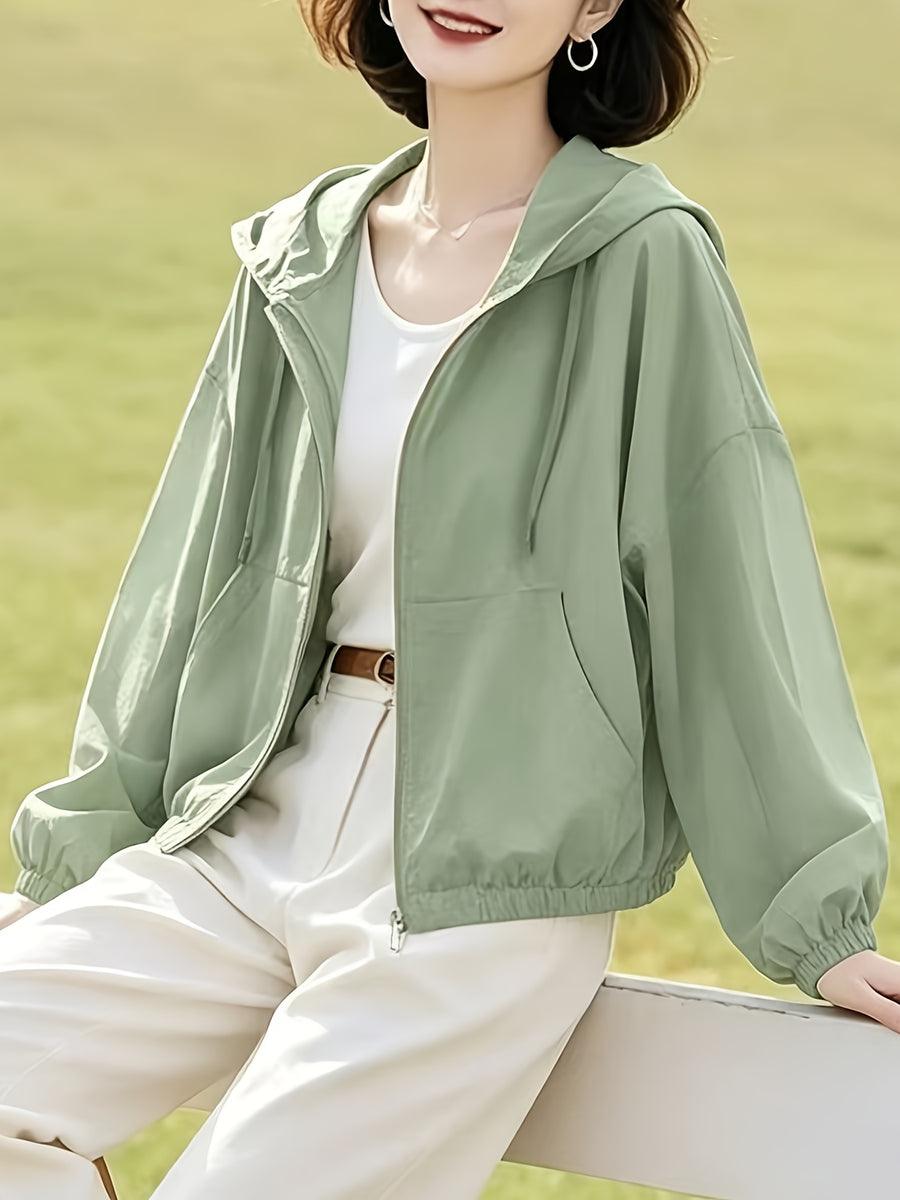 New Short Hooded Spring/Autumn Lightweight Loose-Fit Jacket Top for Petite Women - Pea Green Color