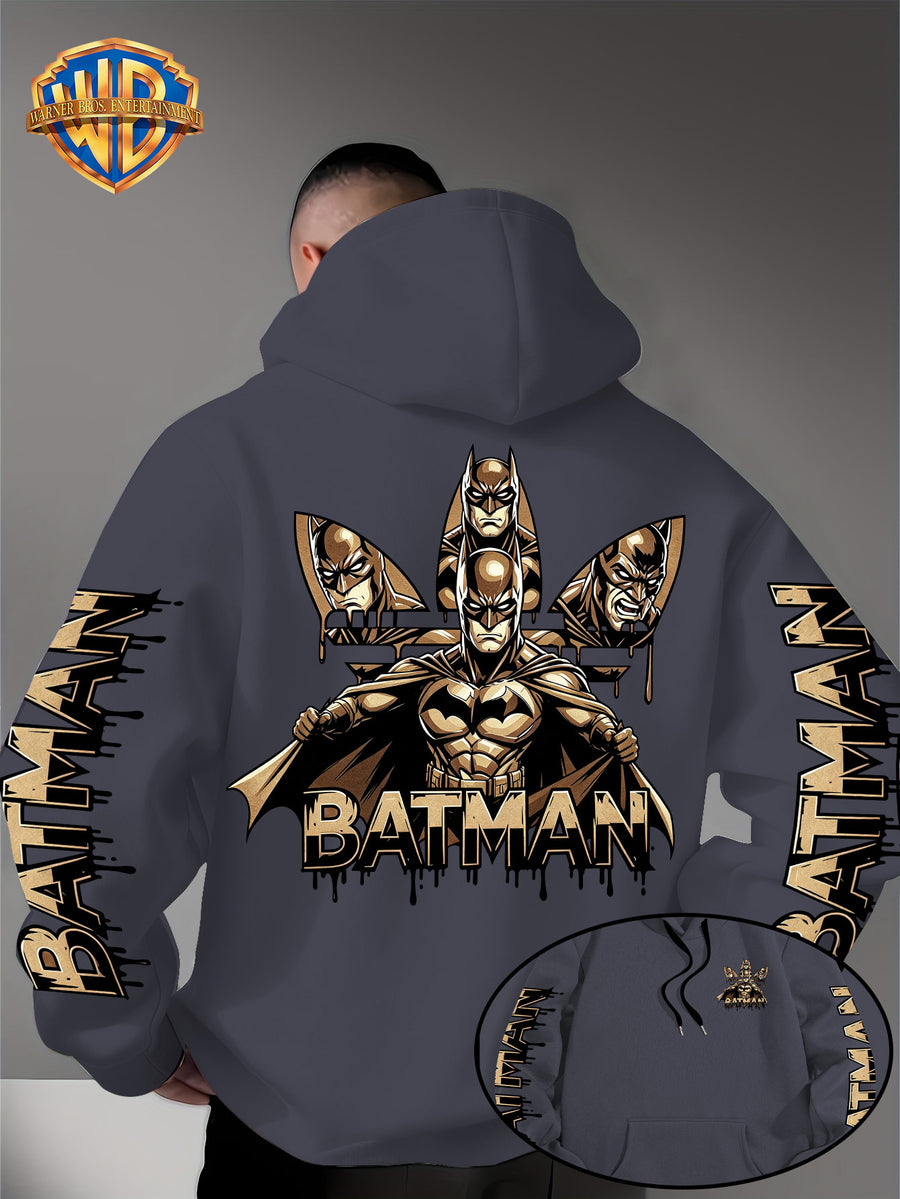 Warner Bros. Official Men's Hooded Sweatshirt - 1pc, Batman BATMAN Vintage Black and Golden Drip Lettering Creative Print, Trendy and Cool DC Superhero IP Graphic Hoodie, Skin-Friendly, Comfortable, and Warm Fabric, Kangaroo Pocket with Ribbed Cuffs - Dark Gray