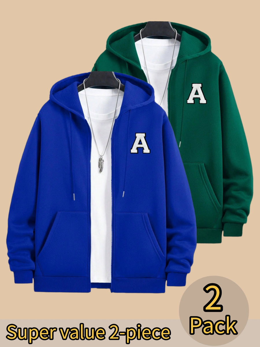50%, 50%, 2pcs Men'S Patchwork Warm Fleece Zip-Up Hooded Sweatshirt, Men'S Clothing, Long Sleeve Fleece Jacket, Zip-Up Top, Hooded Sweatshirt, Pockets, Drawstring, Suitable for Outdoor, Casual, Back-To-School Season, Gift for Boyfriend - Blue+Dark Green
