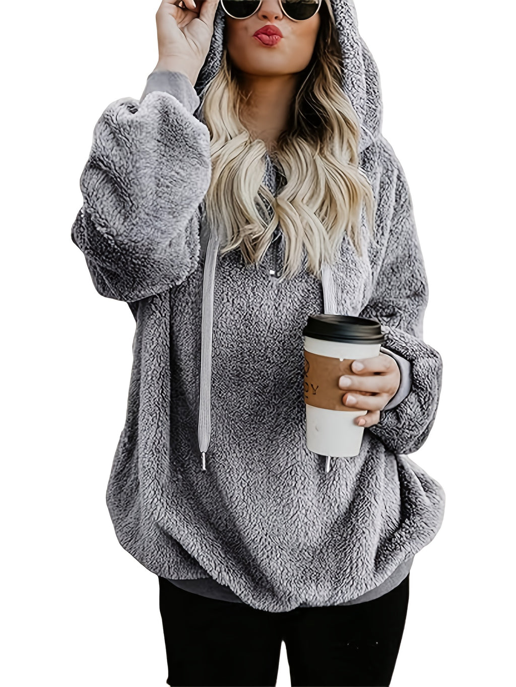Women'S Fleece Pullover Hoodie with Pockets Fuzzy Sweater Vika Direct - Grey