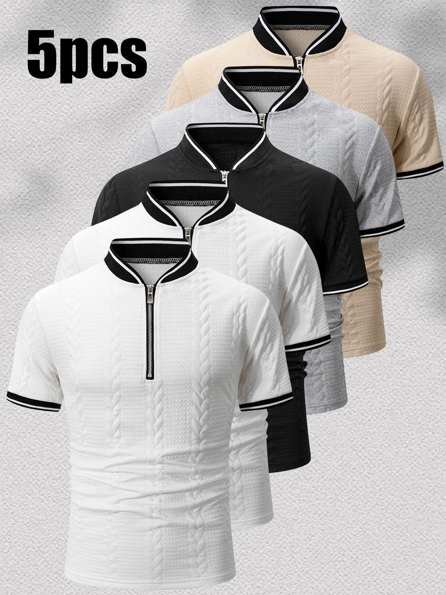 5pcs Men'S 3D Textured Half-Zip Polo Shirt, Black And White Contrast Striped Collar Breathable Casual T-Shirt, Trendy Textured Polo with Contrast Trimmed Collar And Cuffs, Full-Zip Front Design, Hiking Outdoor Sports Camping Daily Casual Wear - Book White + Book White + Black + Light Gray + Khaki