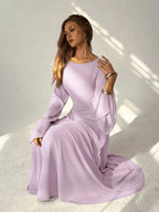 QD260618033 Women's Elegant Off-Shoulder Flared Sleeve Ruffle Waistband Tie-Back A-Line Long Dress - Light Purple