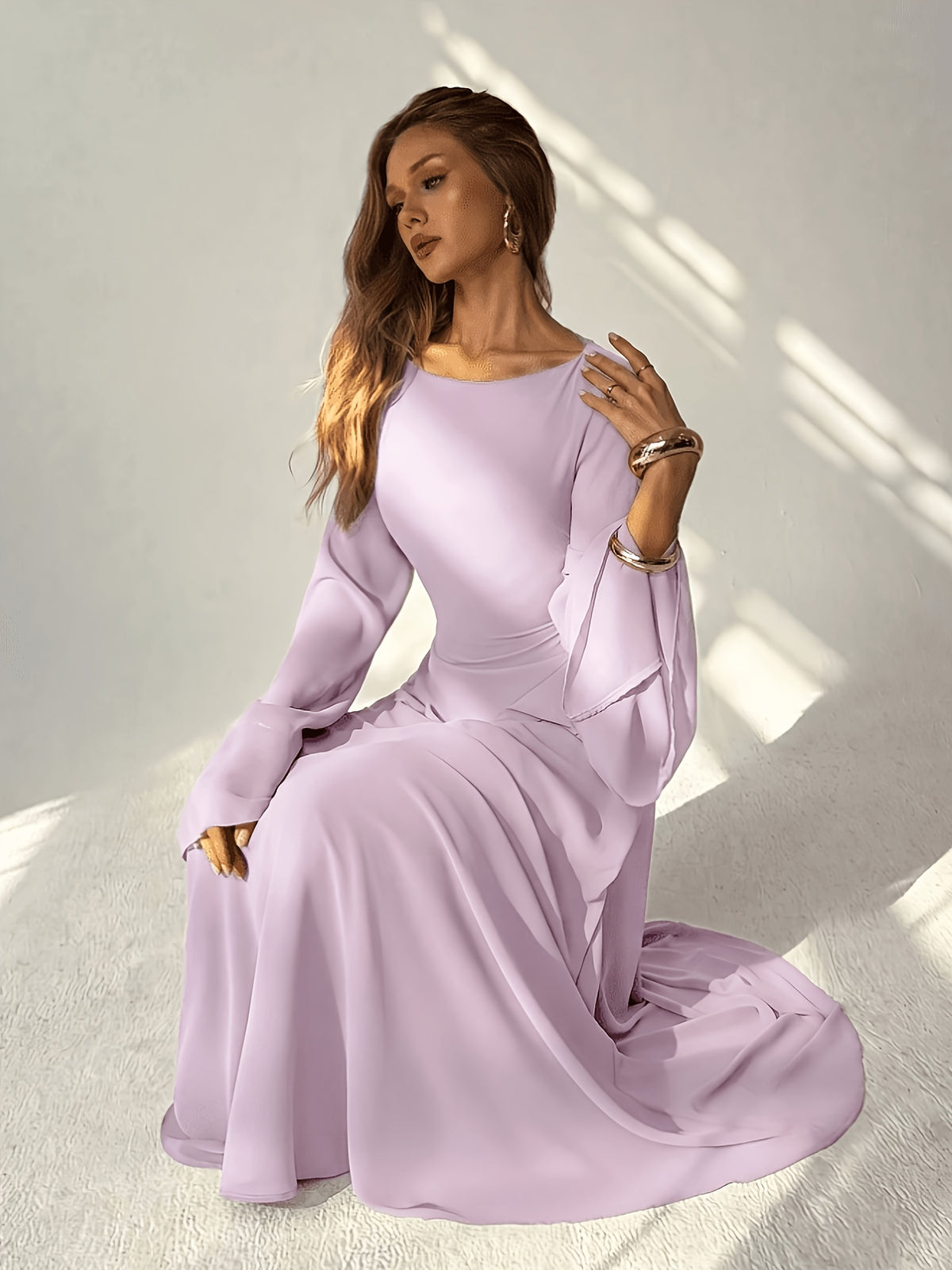QD260618033 Women's Elegant Off-Shoulder Flared Sleeve Ruffle Waistband Tie-Back A-Line Long Dress - Light Purple
