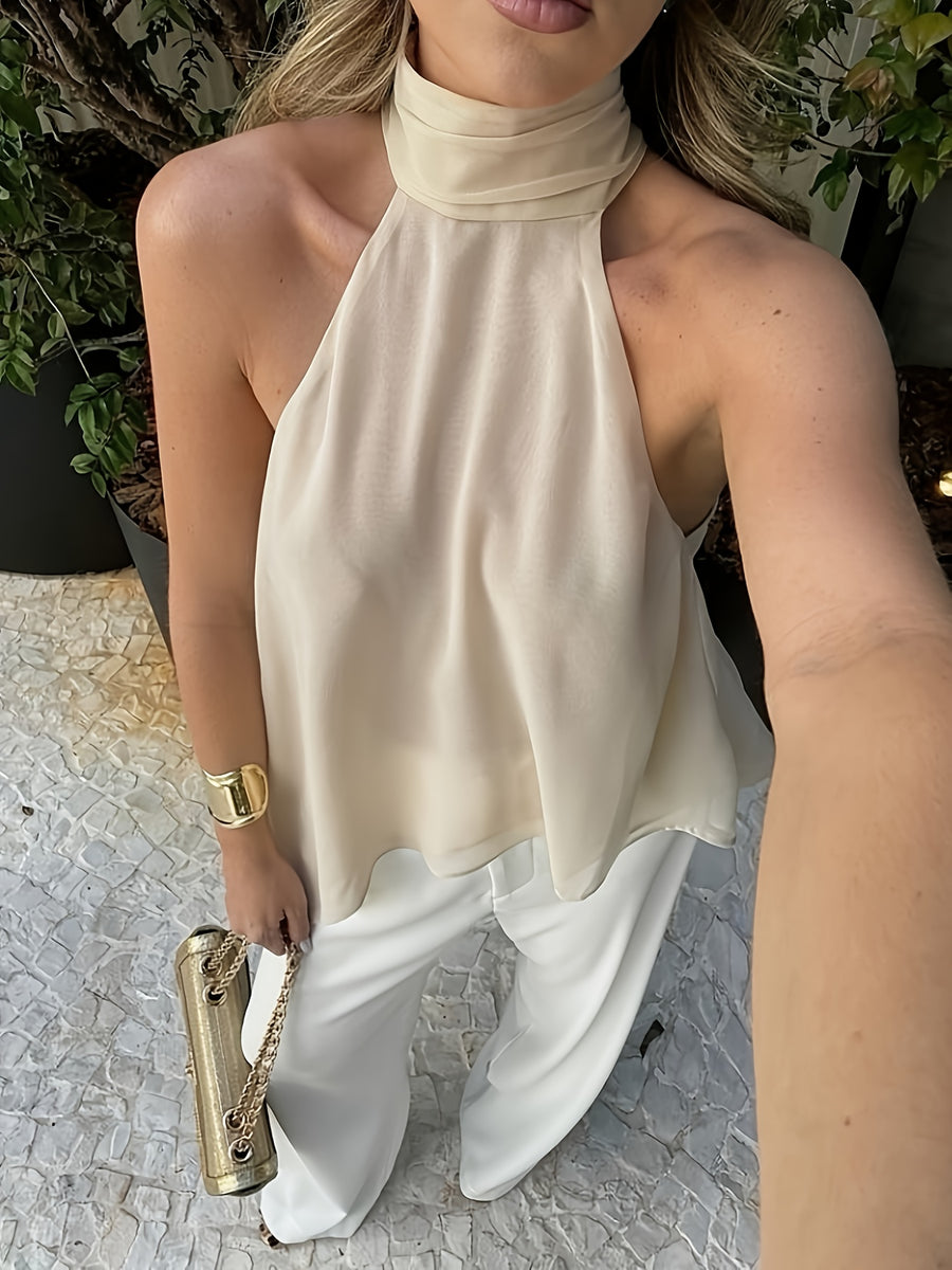Sexy Halter Back Tank Top New Temperament Ribbon Design Aesthetic Back Satin Sleeveless Top - Beige