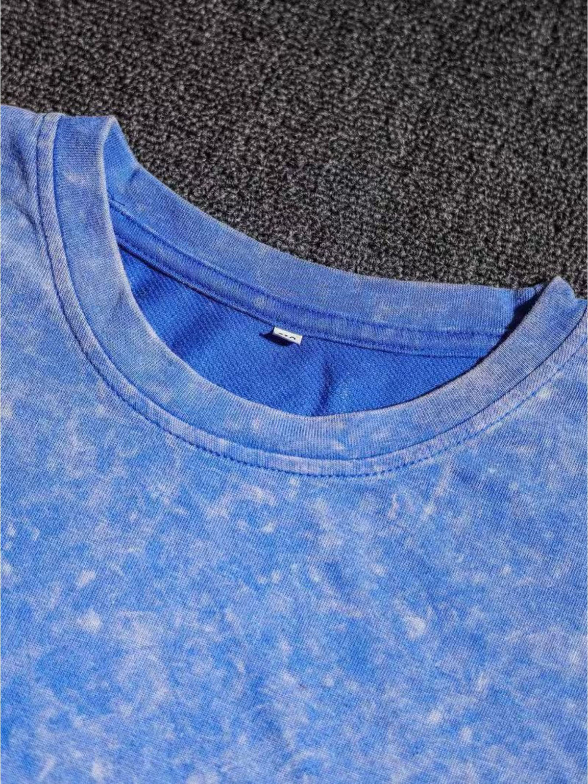 Summer Autumn Fashion Distressed Washed Short Sleeve Shorts with Drawstring Casual Women'S Set, Comfortable for Hot Weather, Classic Silhouette, Relaxed Fit, Casual Home And Outing Two-Piece Set - Royal Blue