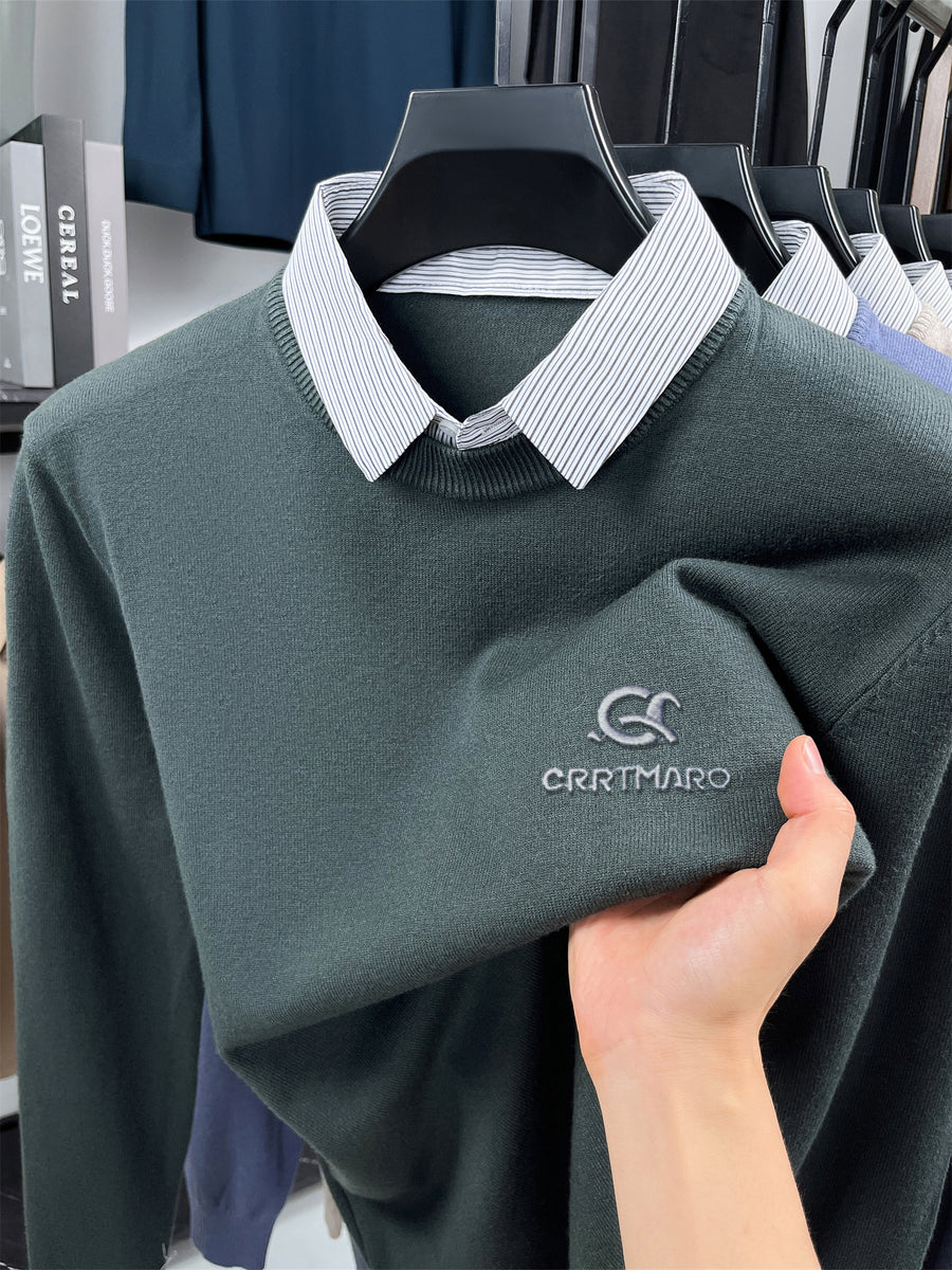 ZBZP Autumn Winter Knit 3D Solid Color Lapel POLO Sweater, Basic Knit Pullover Top for Men, Fashionable Long Sleeve Sweater ZYFSBSS - Dark Green