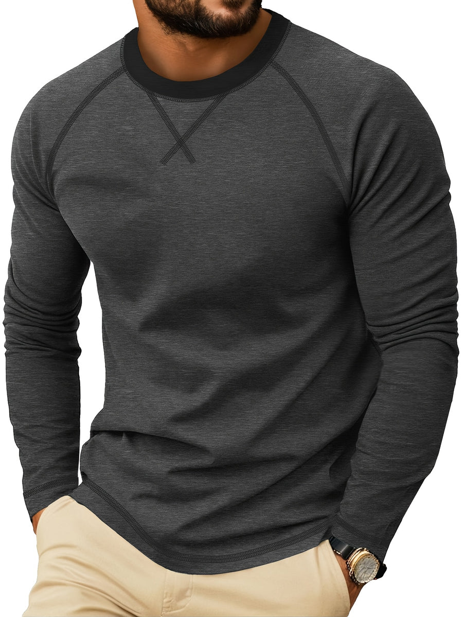 Cross-Border New Men'S Long Sleeve Round Neck T-Shirt, Outwardly Oriented Western Men'S Clothing Color-Blocked Top Base Layer - Dark gray with black