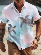 Men's Watercolor Sea Turtle Short-Sleeve Shirt, Hawaiian Style, All-Over Ocean Coral and Sea Turtle Print, Loose Fit Top, Suitable for Beach, Vacation, and Daily Wear - Mixed colors