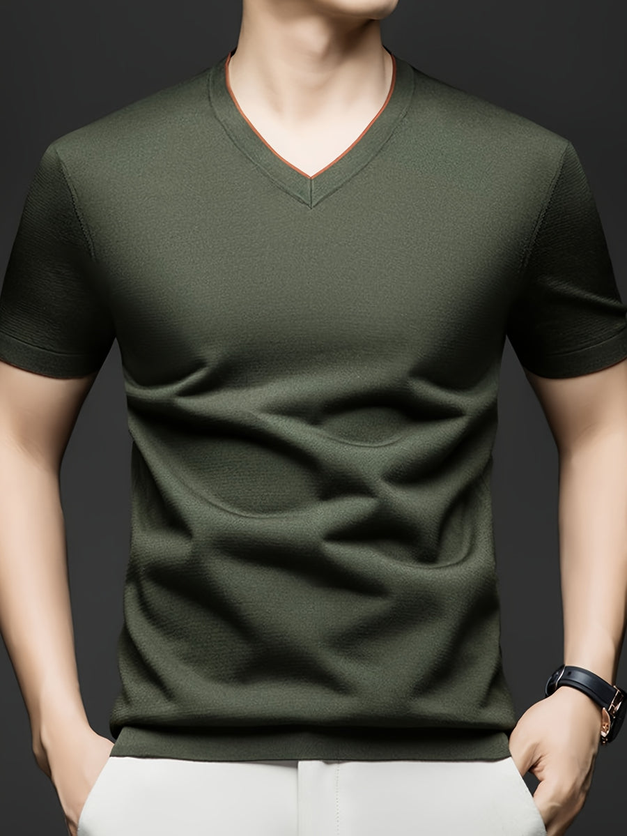 Men'S Summer Short-Sleeved T-Shirt, V-Neck Color-Blocking Details, a Slightly Slim Fit That Conforms to The Body, Showing Neat Lines Without Being Tight, Suitable for Daily Leisure/Weekend Travel Scenarios, And Light Social Scenarios - Olive Green