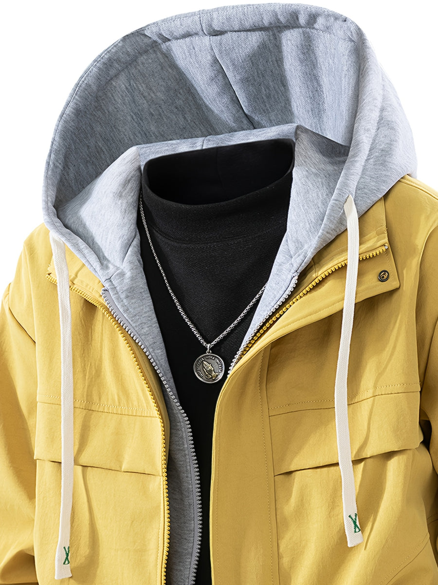 Men's Casual Hooded Jacket, Trendy and Versatile, Suitable for Outdoor and Daily Wear, Faux 2pcs Design, Spring and Autumn Style - Lemon Yellow